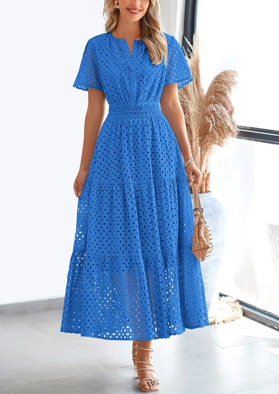 PRETTYGARDEN Womens 2025 Summer Maxi Dress Short Sleeve V Neck Hollow Out Eyelet A Line Long Flowy Beach Vacation Dresses