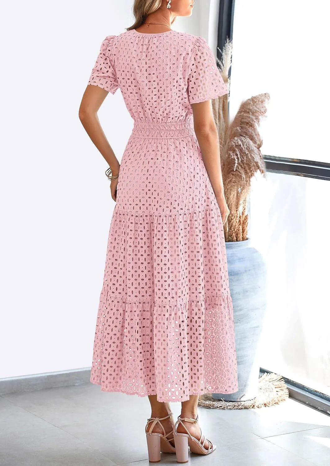 PRETTYGARDEN Womens 2025 Summer Maxi Dress Short Sleeve V Neck Hollow Out Eyelet A Line Long Flowy Beach Vacation Dresses