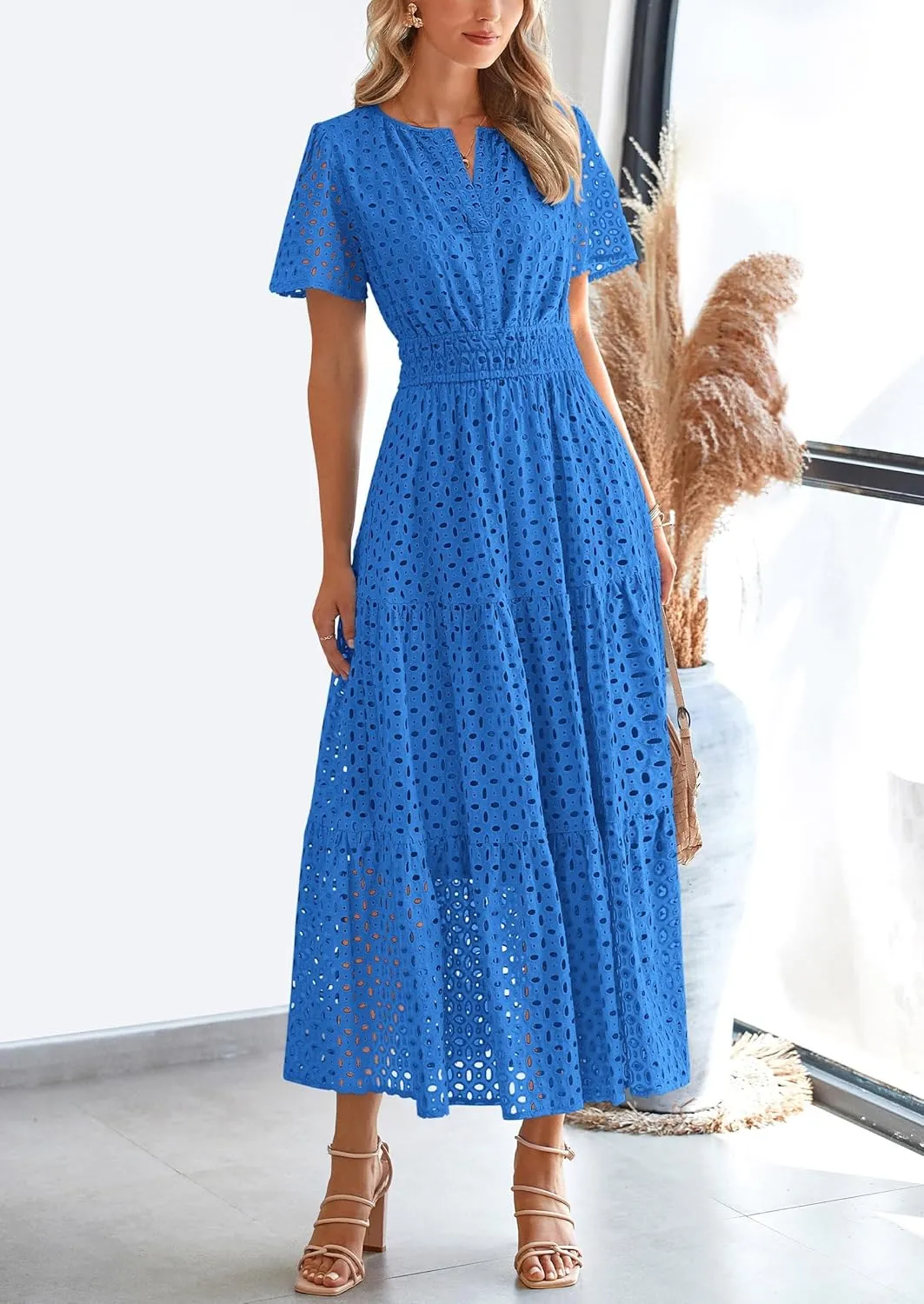 PRETTYGARDEN Womens 2025 Summer Maxi Dress Short Sleeve V Neck Hollow Out Eyelet A Line Long Flowy Beach Vacation Dresses