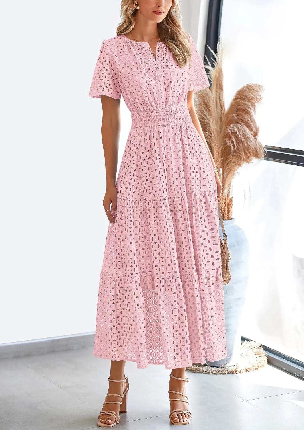 PRETTYGARDEN Womens 2025 Summer Maxi Dress Short Sleeve V Neck Hollow Out Eyelet A Line Long Flowy Beach Vacation Dresses