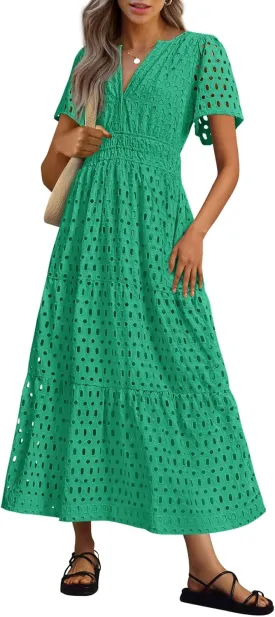 PRETTYGARDEN Womens 2025 Summer Maxi Dress Short Sleeve V Neck Hollow Out Eyelet A Line Long Flowy Beach Vacation Dresses