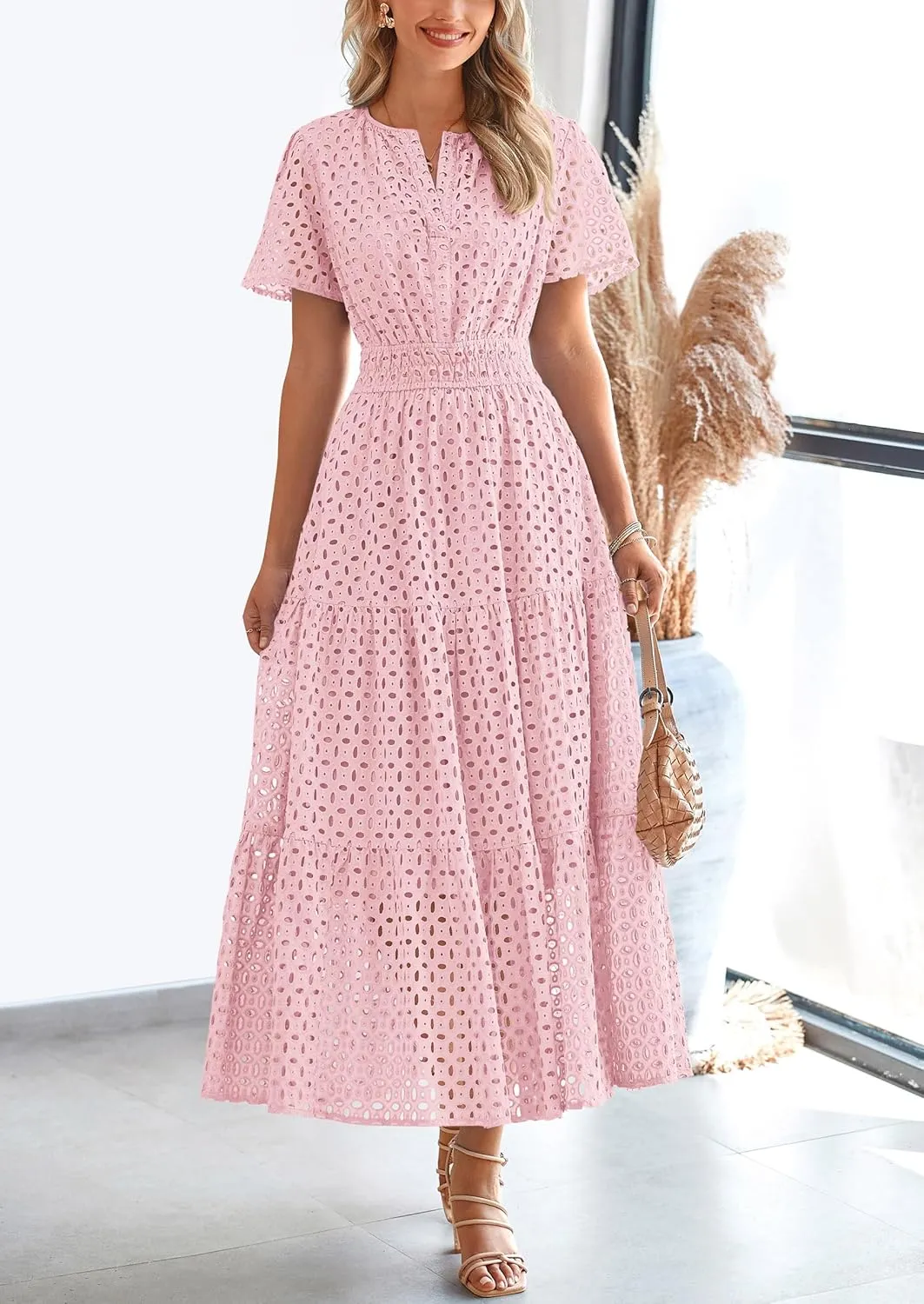 PRETTYGARDEN Womens 2025 Summer Maxi Dress Short Sleeve V Neck Hollow Out Eyelet A Line Long Flowy Beach Vacation Dresses
