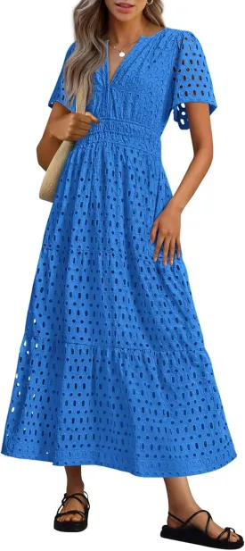 PRETTYGARDEN Womens 2025 Summer Maxi Dress Short Sleeve V Neck Hollow Out Eyelet A Line Long Flowy Beach Vacation Dresses