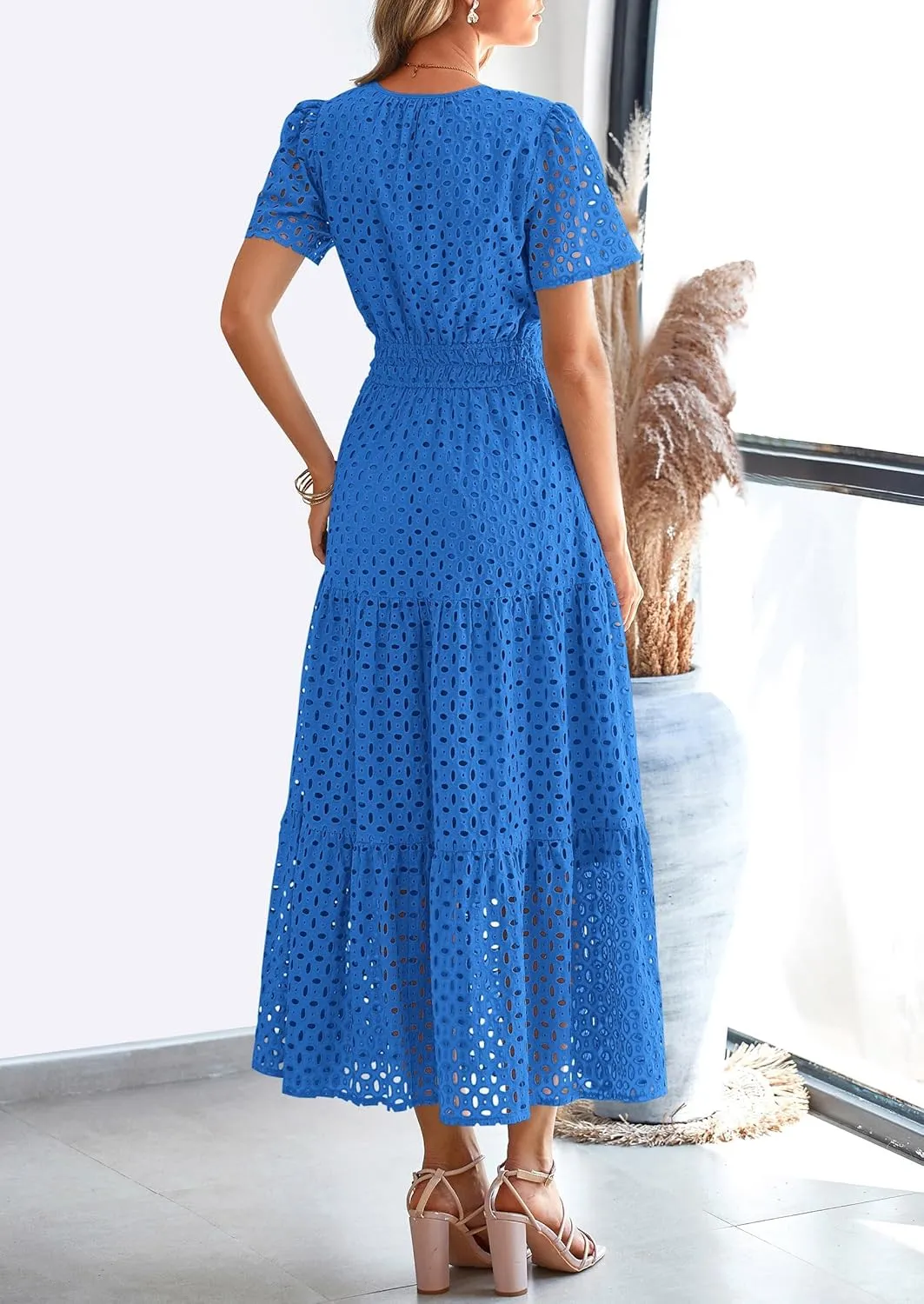 PRETTYGARDEN Womens 2025 Summer Maxi Dress Short Sleeve V Neck Hollow Out Eyelet A Line Long Flowy Beach Vacation Dresses