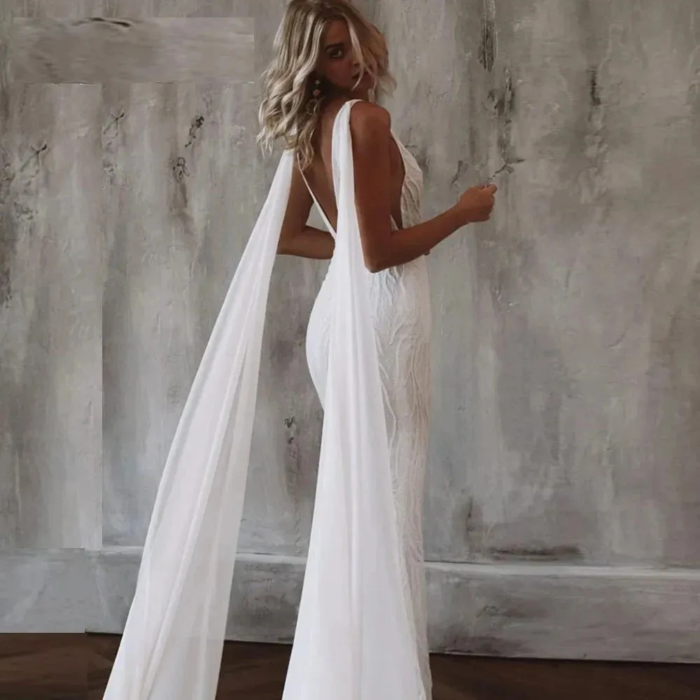Sexy V-Neck Backless Sleeveless Mermaid Wedding Dress