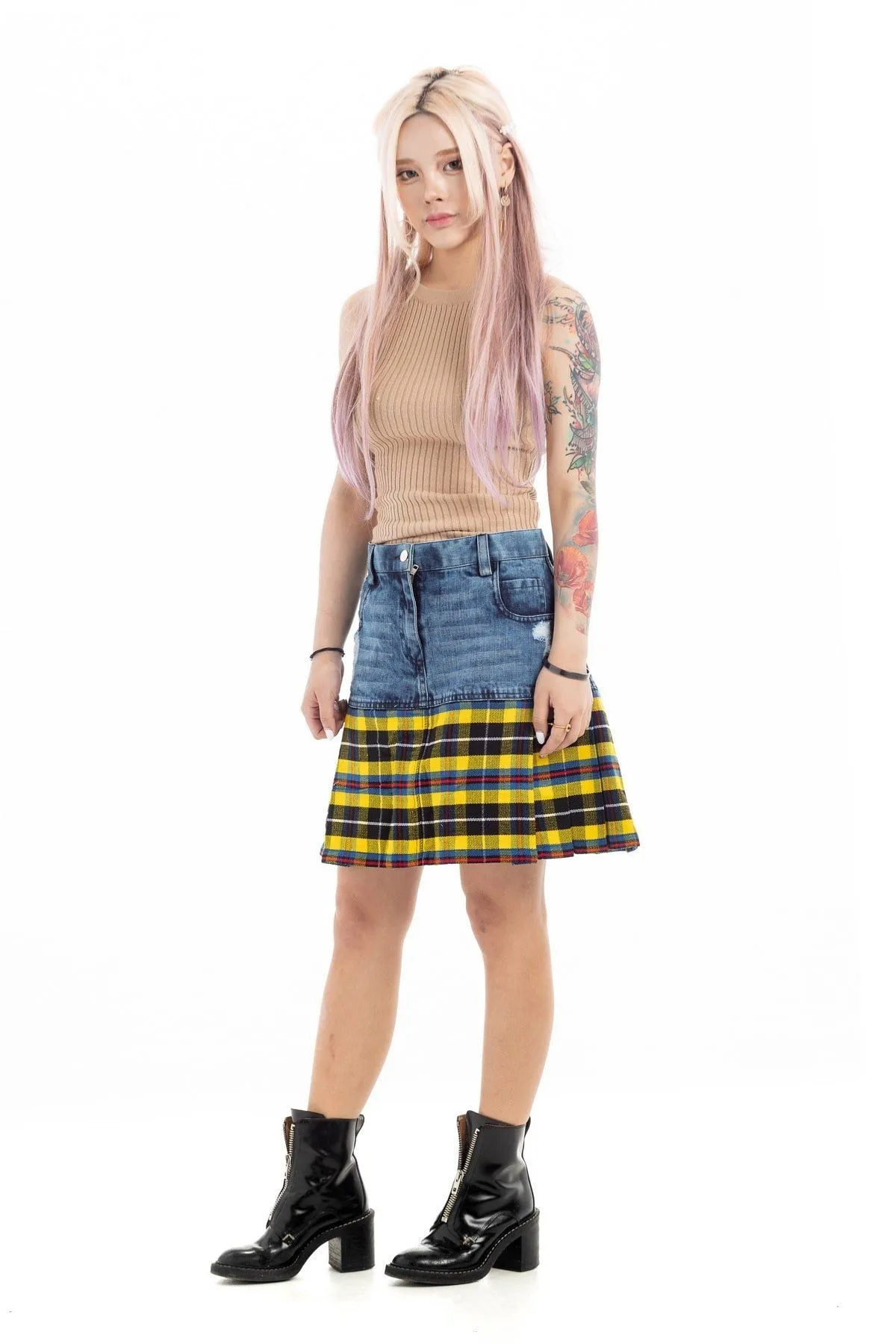 Straight Mini Denim Tartan Skirt