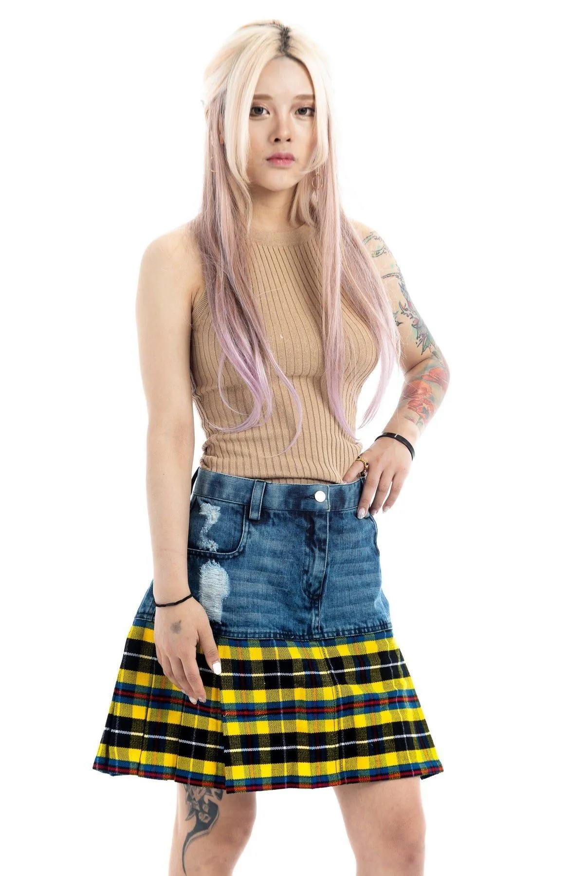 Straight Mini Denim Tartan Skirt