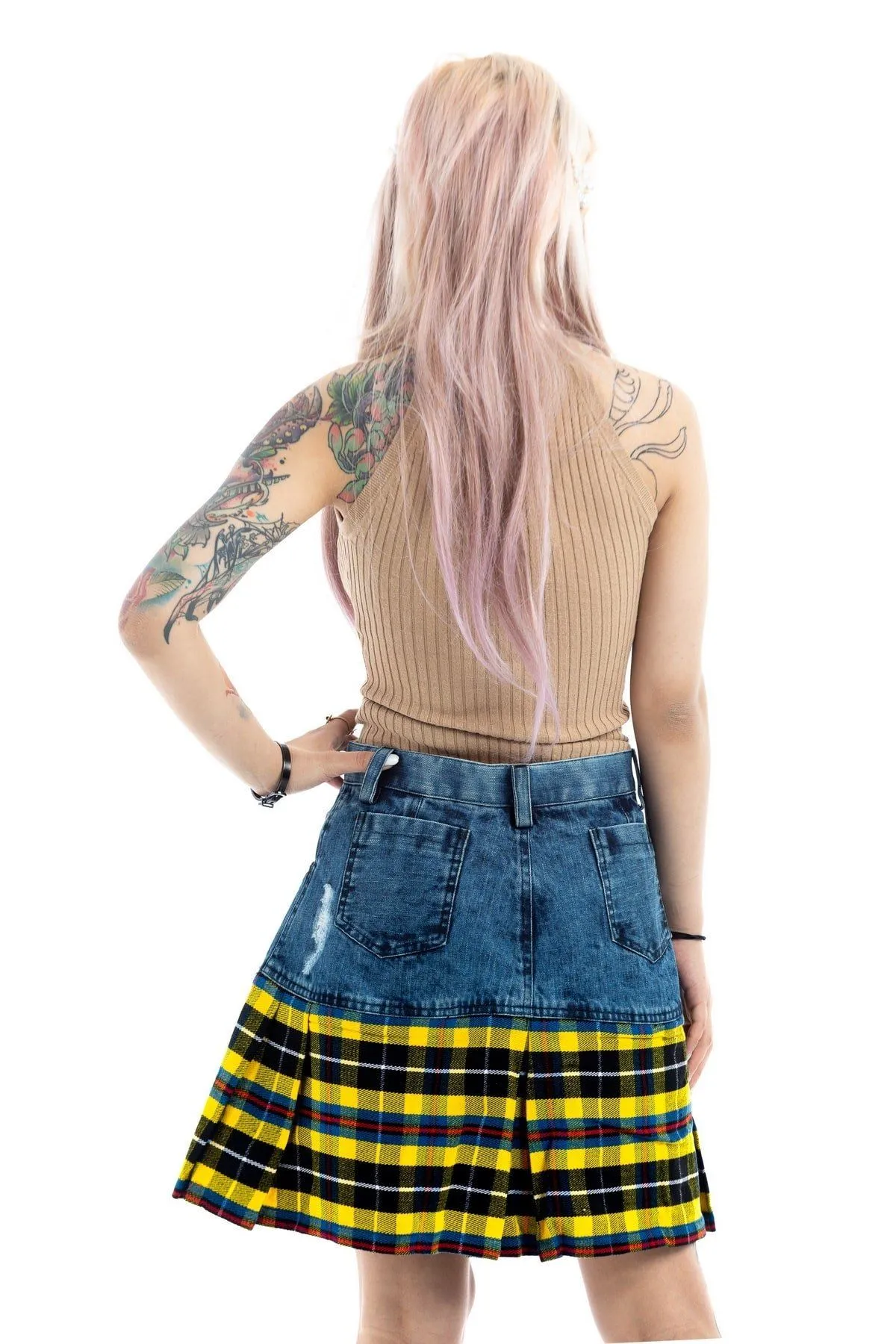 Straight Mini Denim Tartan Skirt