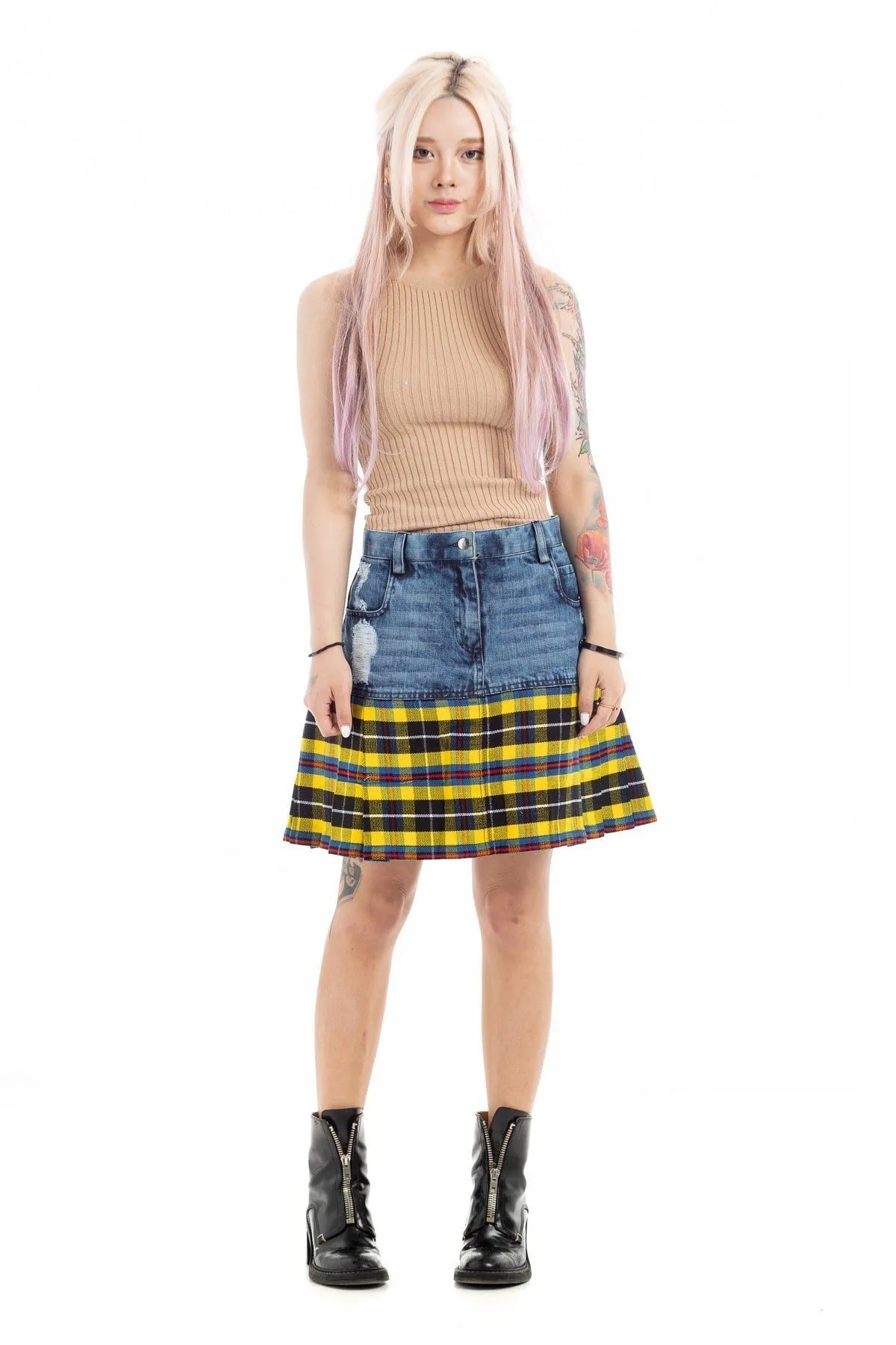 Straight Mini Denim Tartan Skirt