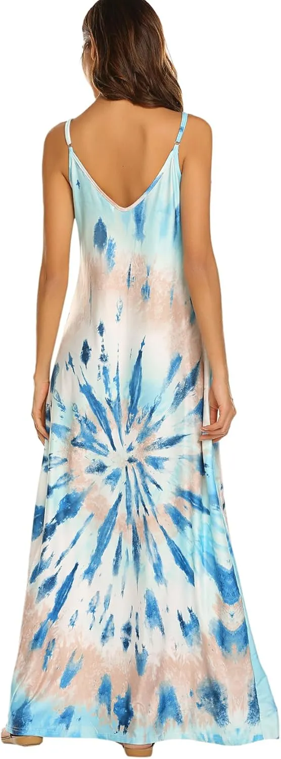 Supnier Women's Summer Maxi Dress Casual V-Neck Sleeveless Bohemian Spaghetti Strap Floral Long Maxi Dress with Pockets