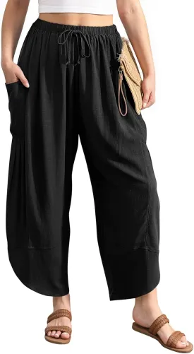 TARSE Women's Linen Harem Pants Casual Loose Drawstring Elastic Waist Summer Beach Travel Vacation with Pockets