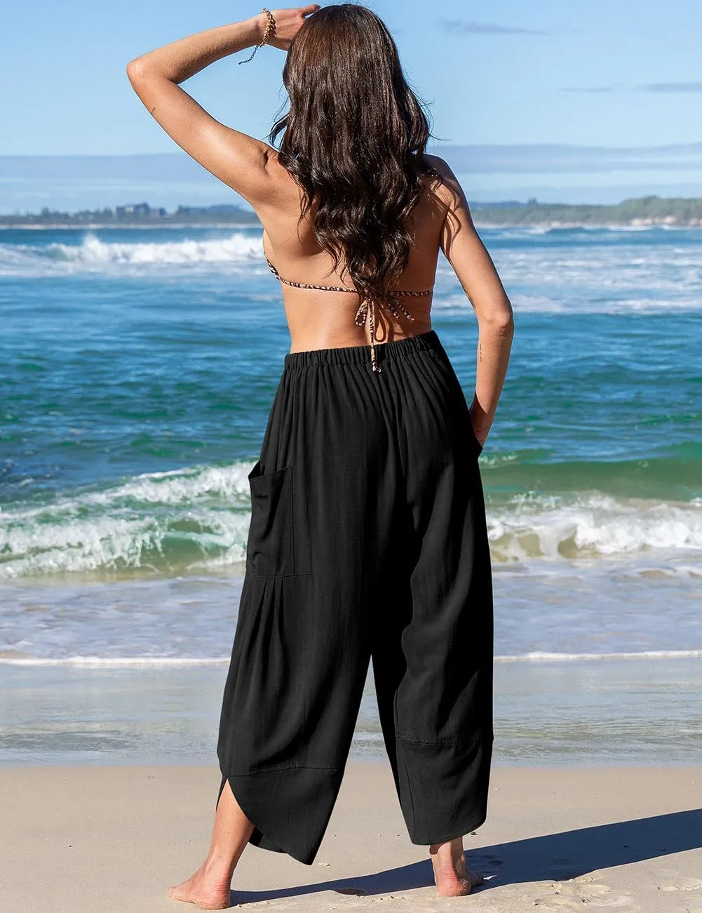 TARSE Women's Linen Harem Pants Casual Loose Drawstring Elastic Waist Summer Beach Travel Vacation with Pockets