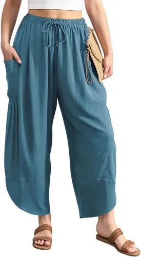 TARSE Women's Linen Harem Pants Casual Loose Drawstring Elastic Waist Summer Beach Travel Vacation with Pockets