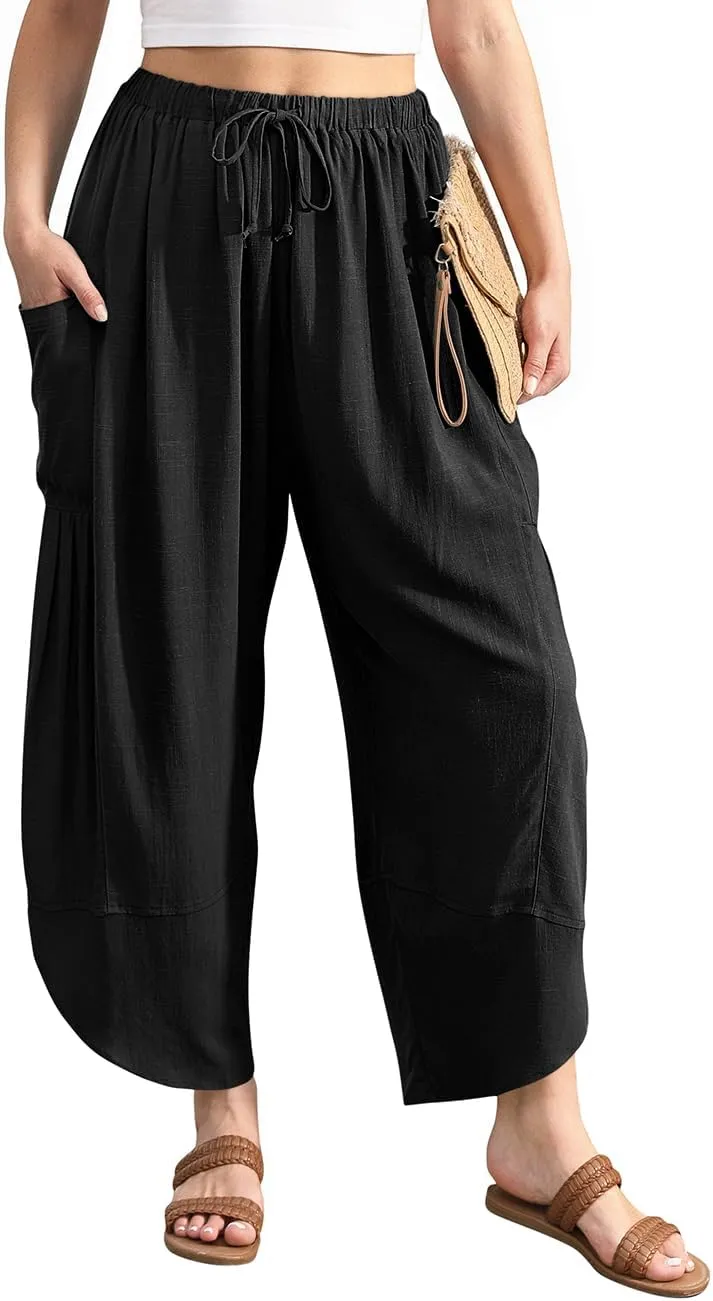 TARSE Women's Linen Harem Pants Casual Loose Drawstring Elastic Waist Summer Beach Travel Vacation with Pockets