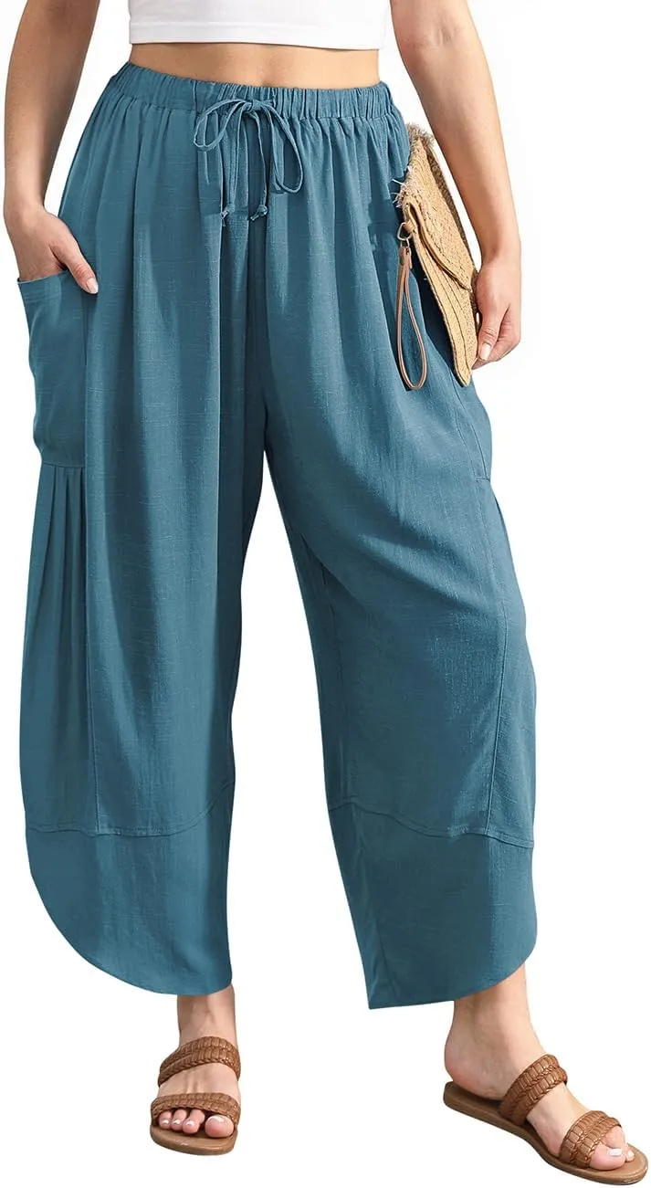 TARSE Women's Linen Harem Pants Casual Loose Drawstring Elastic Waist Summer Beach Travel Vacation with Pockets