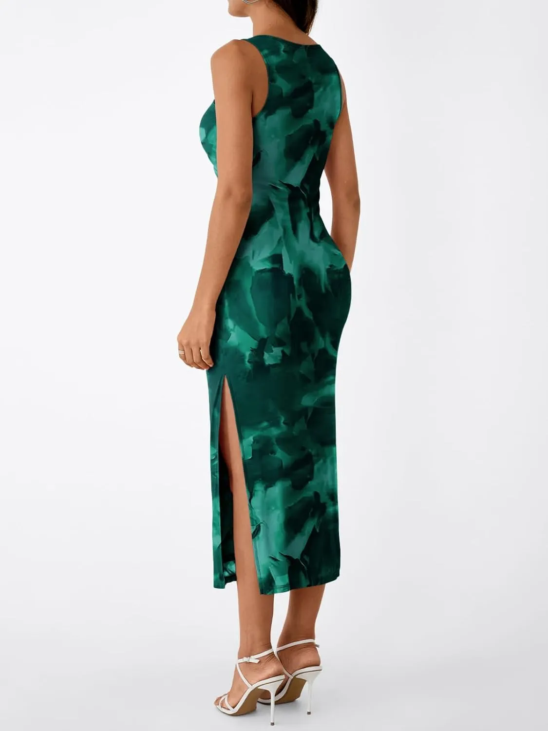 Trendy Queen Bodycon Maxi Dress Womens Sleeveless Floral Print Fitted Party Club Ruched Dresses with Side Slit