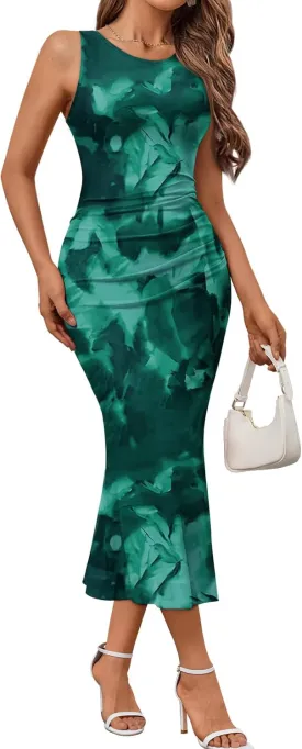 Trendy Queen Bodycon Maxi Dress Womens Sleeveless Floral Print Fitted Party Club Ruched Dresses with Side Slit
