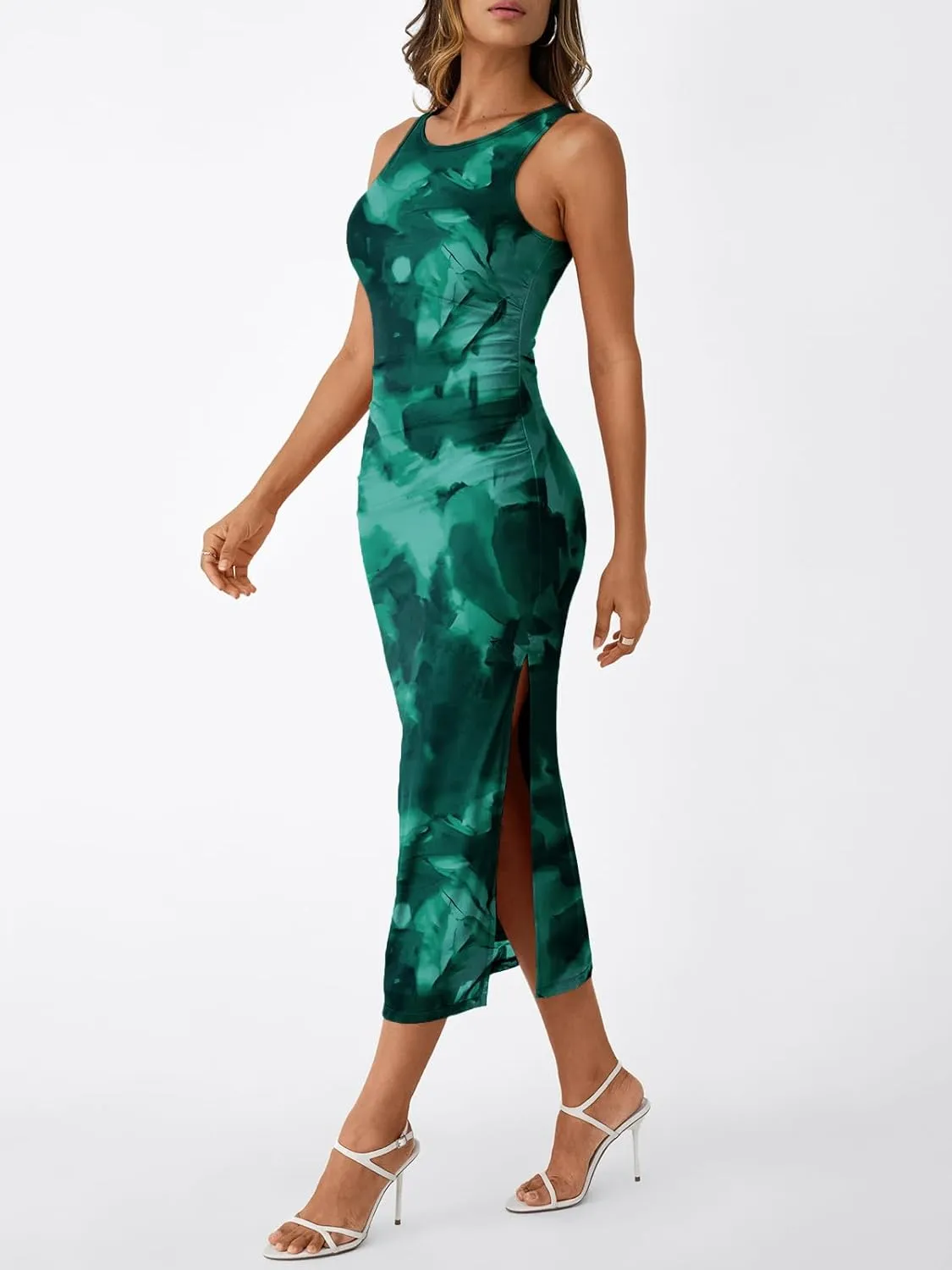 Trendy Queen Bodycon Maxi Dress Womens Sleeveless Floral Print Fitted Party Club Ruched Dresses with Side Slit