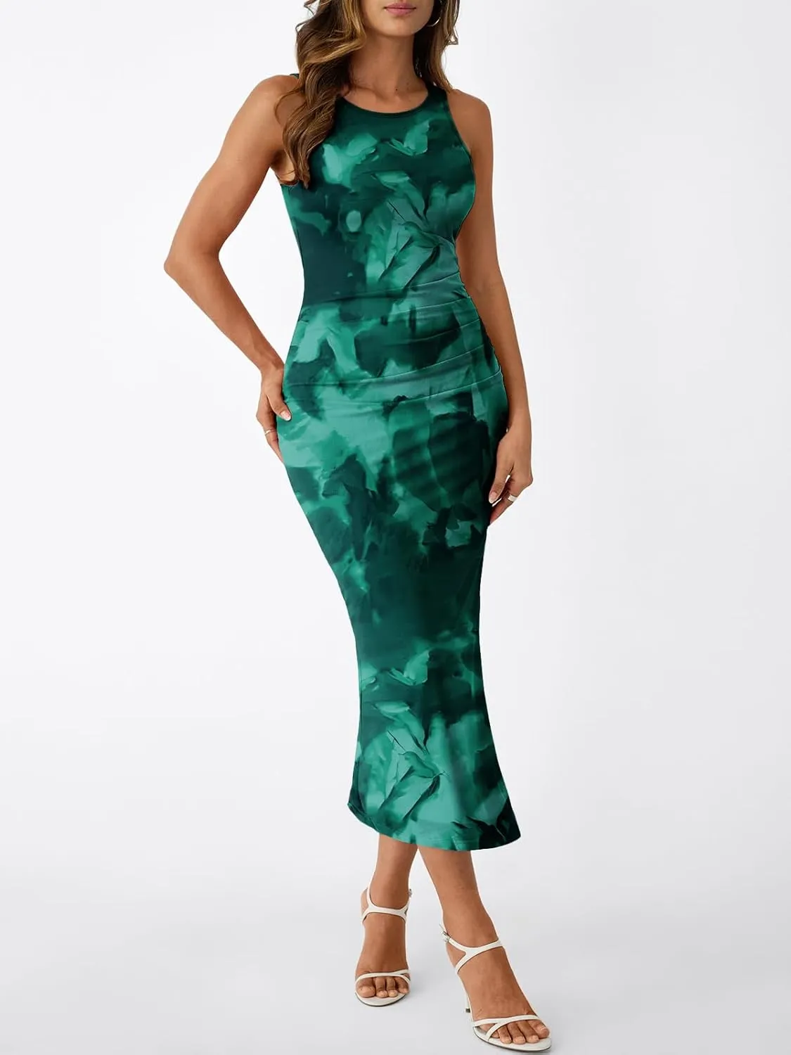 Trendy Queen Bodycon Maxi Dress Womens Sleeveless Floral Print Fitted Party Club Ruched Dresses with Side Slit