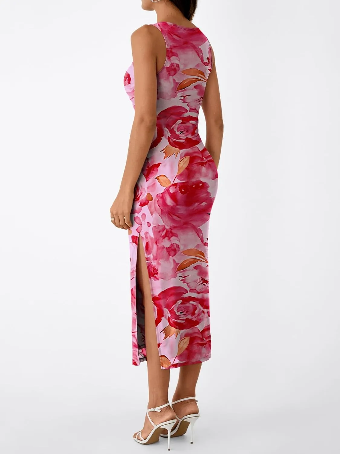 Trendy Queen Bodycon Maxi Dress Womens Sleeveless Floral Print Fitted Party Club Ruched Dresses with Side Slit