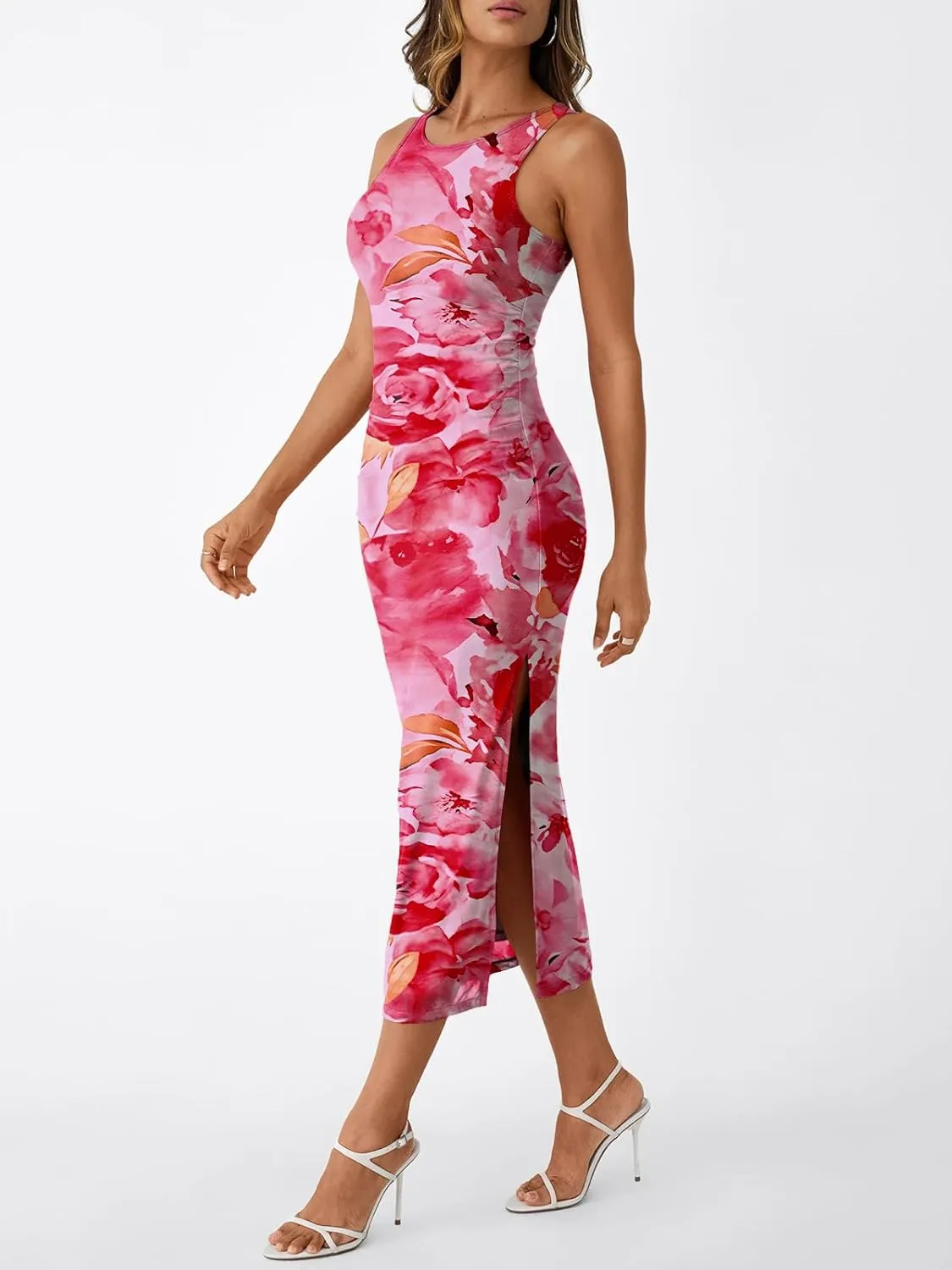 Trendy Queen Bodycon Maxi Dress Womens Sleeveless Floral Print Fitted Party Club Ruched Dresses with Side Slit