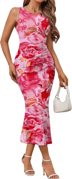 Trendy Queen Bodycon Maxi Dress Womens Sleeveless Floral Print Fitted Party Club Ruched Dresses with Side Slit