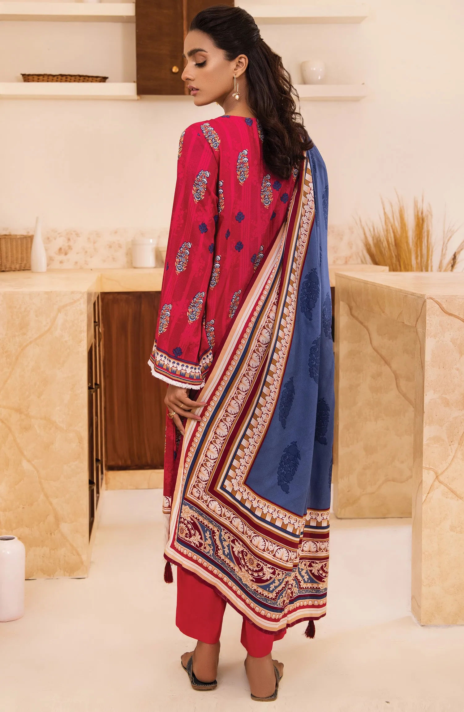 Unstitched 3 Piece Printed Linen Shirt , Pant and Linen Shawl Dupatta (OTL-21-291/U RED)