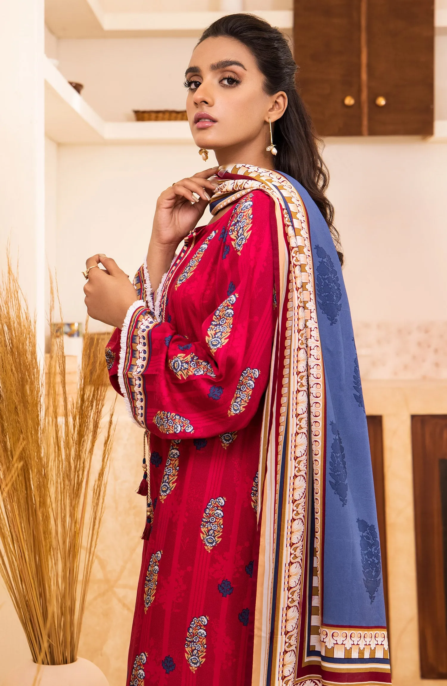 Unstitched 3 Piece Printed Linen Shirt , Pant and Linen Shawl Dupatta (OTL-21-291/U RED)