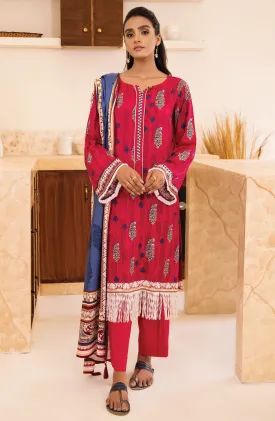 Unstitched 3 Piece Printed Linen Shirt , Pant and Linen Shawl Dupatta (OTL-21-291/U RED)