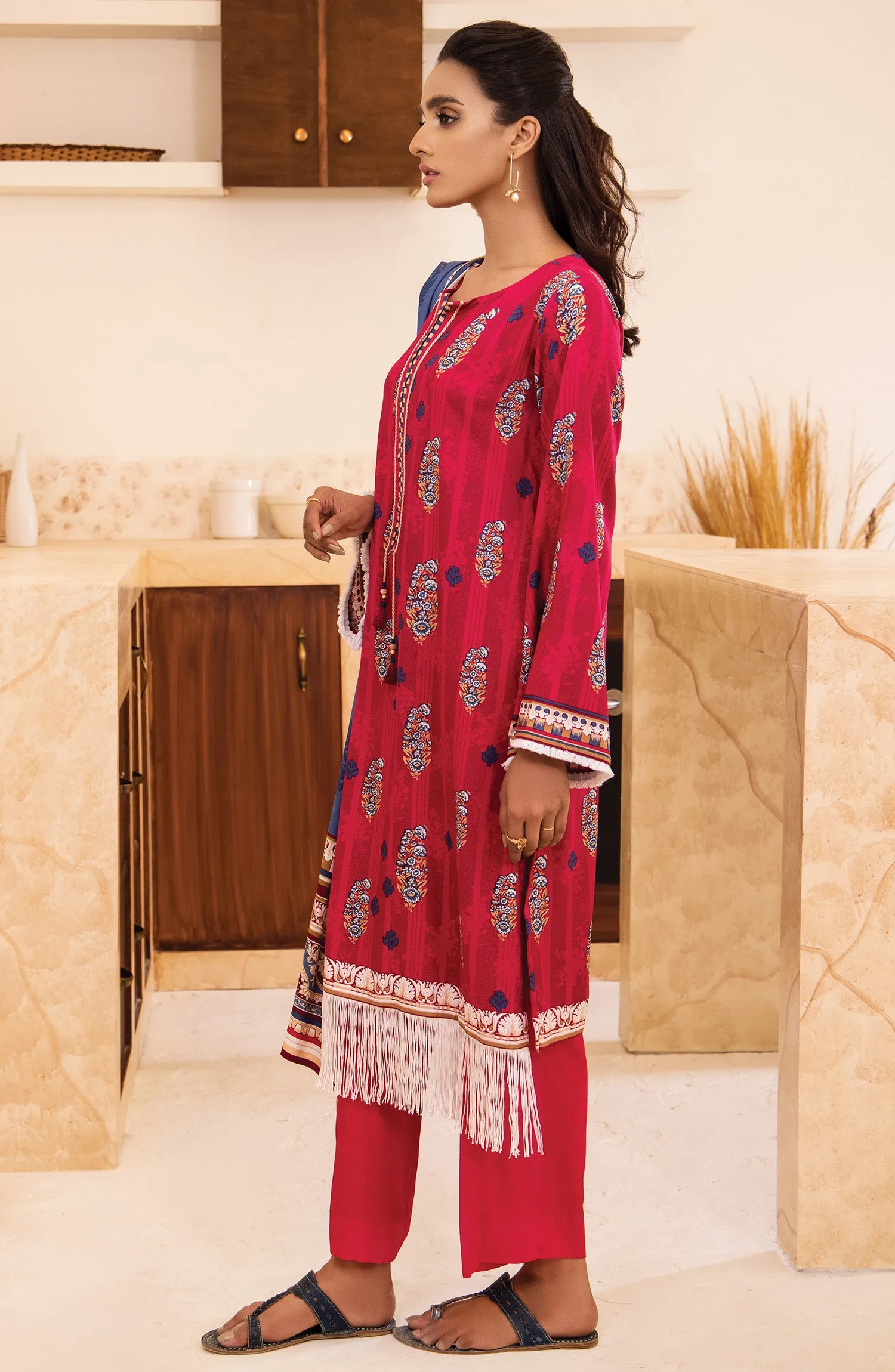 Unstitched 3 Piece Printed Linen Shirt , Pant and Linen Shawl Dupatta (OTL-21-291/U RED)