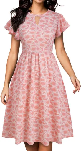 Vintage Floral Dress for Women Round Neck Keyhole Ruffle Short Sleeves Fit and Flare Casual Party Dress with Pockets