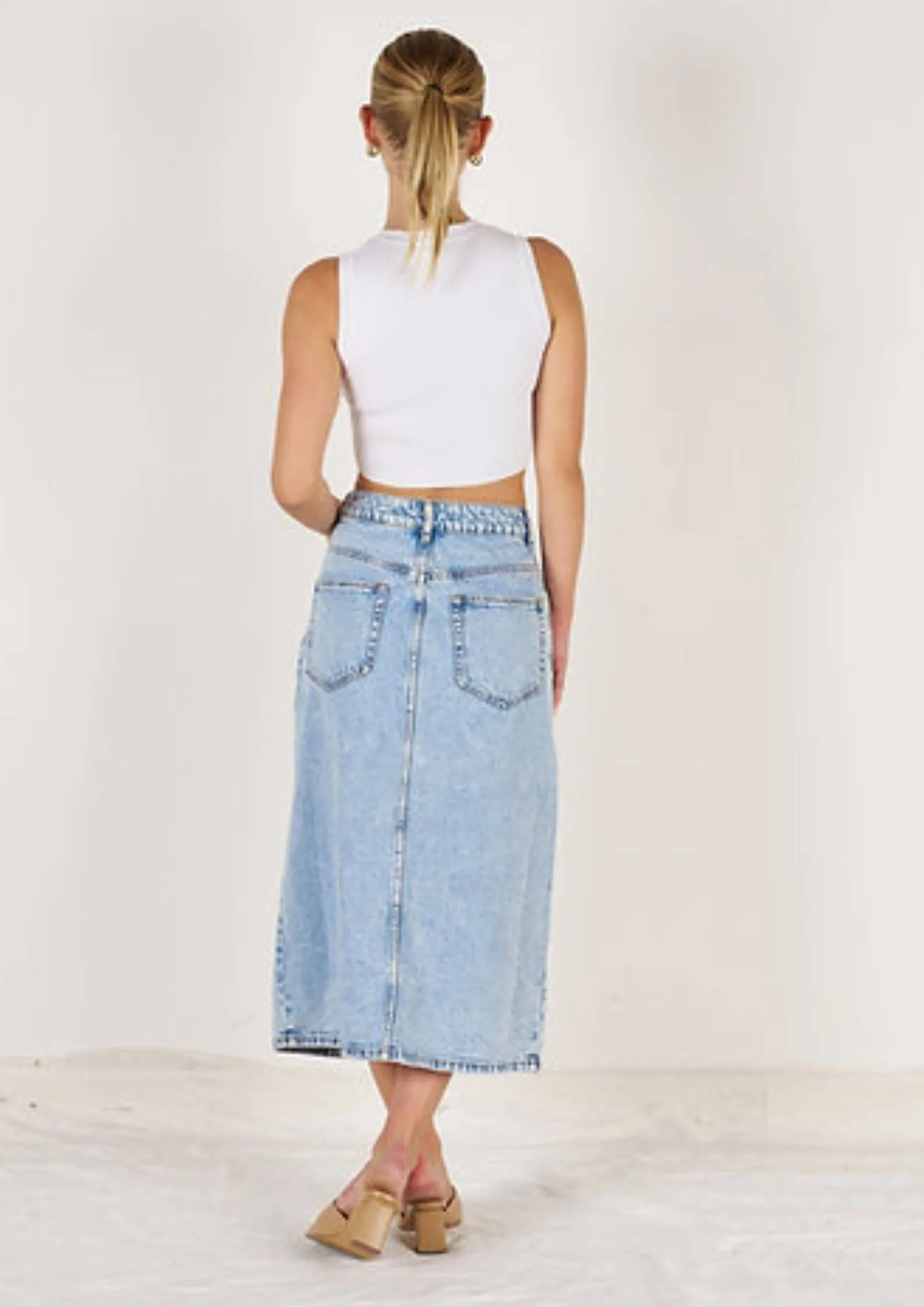 Wakee Stretch Denim Midi Skirt with Split in Blue
