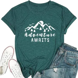 Women Mountain Shirts and So The Adventure Begins Tshirt Sunshine Moon Nature Pine Graphic Tees Heart Let's Go Find It Top