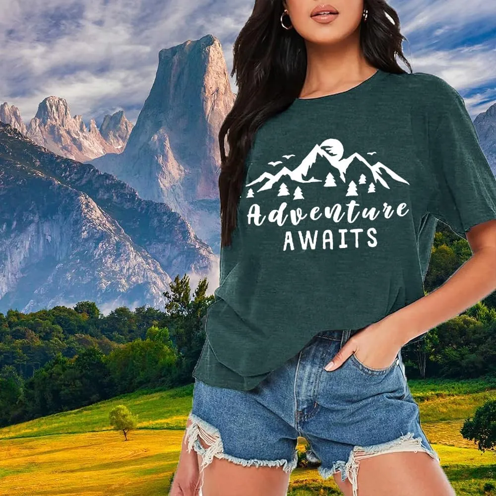 Women Mountain Shirts and So The Adventure Begins Tshirt Sunshine Moon Nature Pine Graphic Tees Heart Let's Go Find It Top