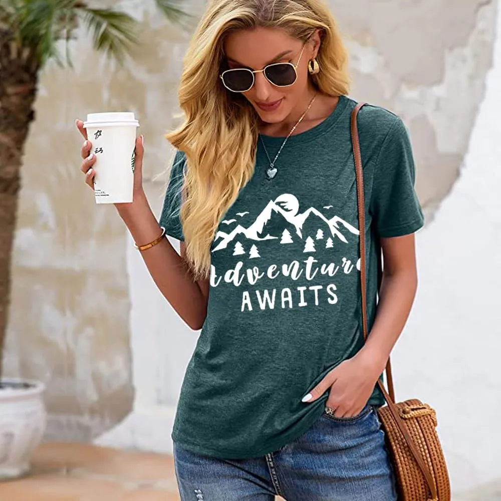 Women Mountain Shirts and So The Adventure Begins Tshirt Sunshine Moon Nature Pine Graphic Tees Heart Let's Go Find It Top