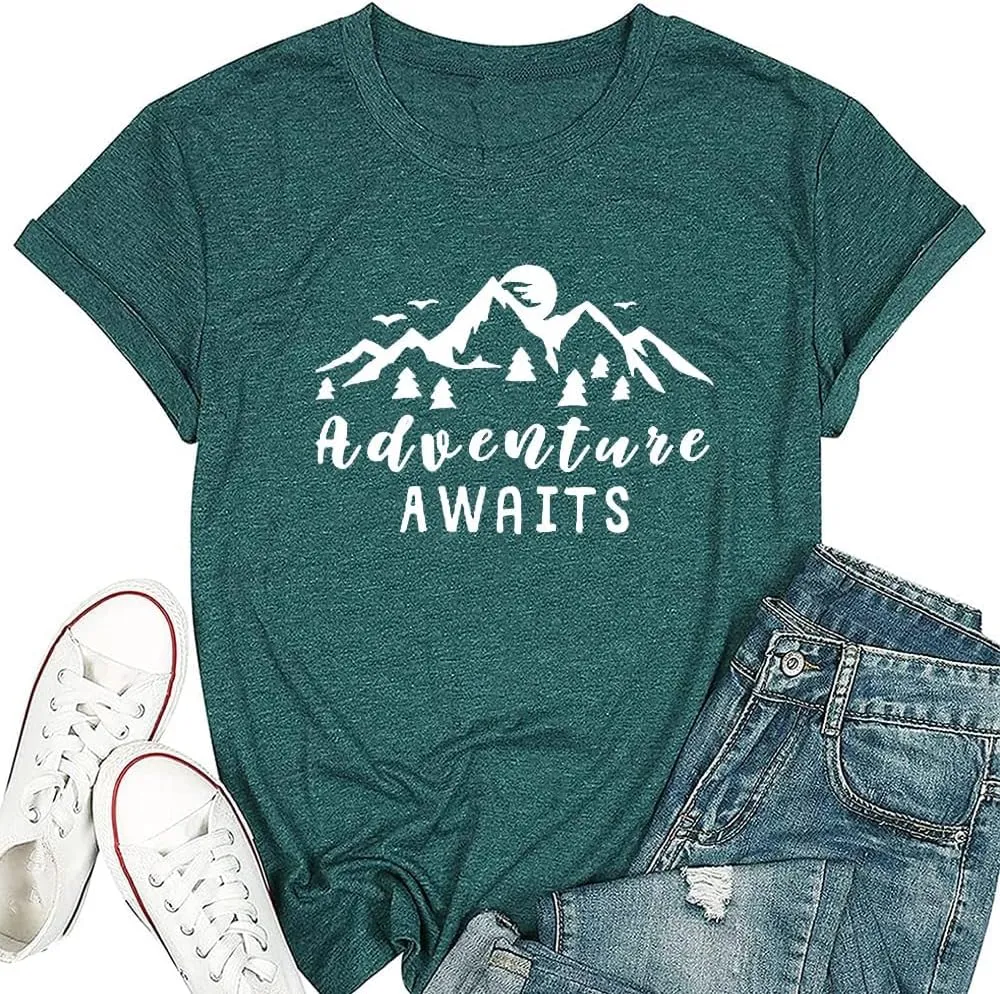 Women Mountain Shirts and So The Adventure Begins Tshirt Sunshine Moon Nature Pine Graphic Tees Heart Let's Go Find It Top