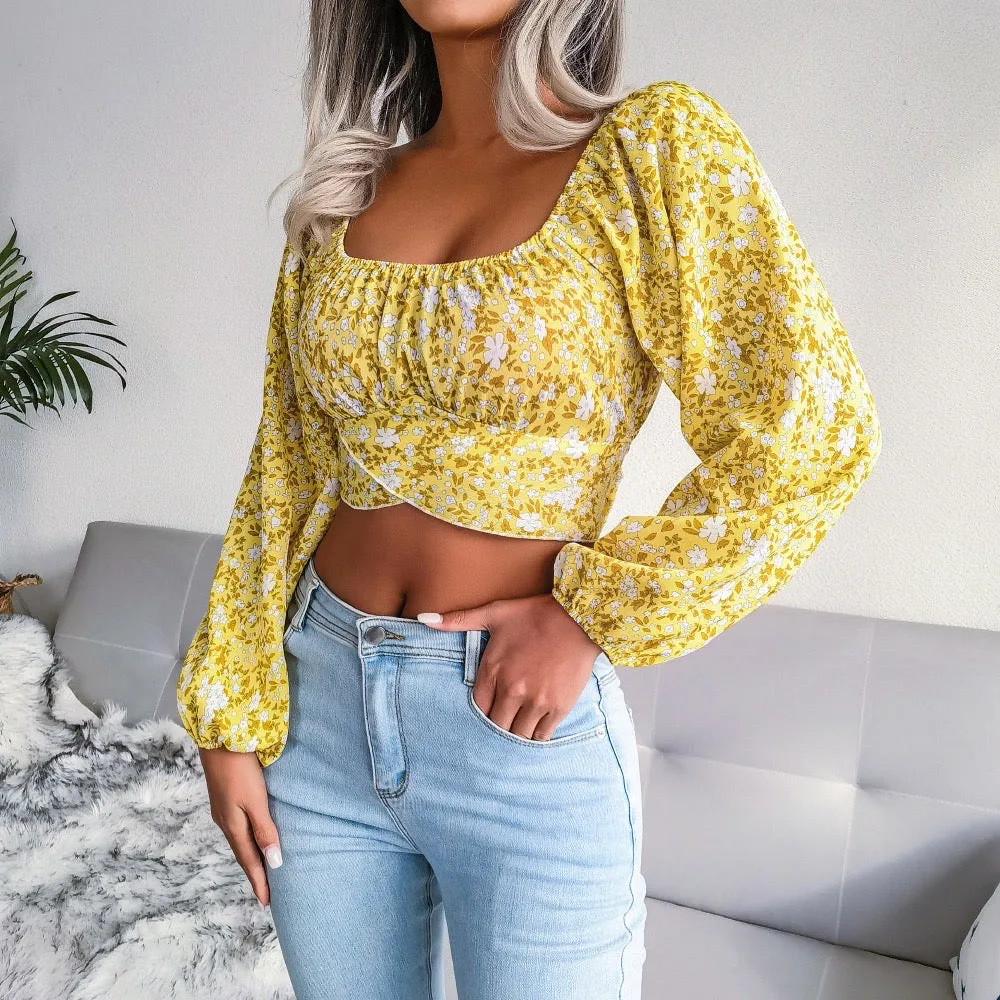 Women's Floral Backless Cut Out Ruched Long Sleeve Blouse