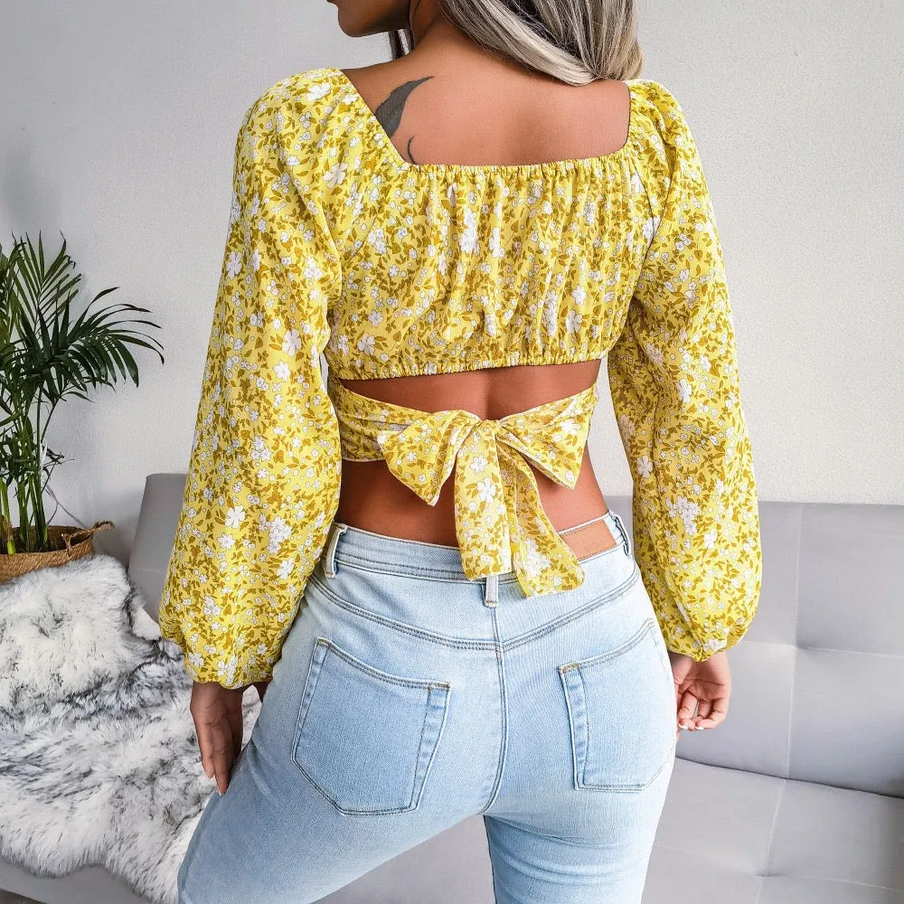 Women's Floral Backless Cut Out Ruched Long Sleeve Blouse
