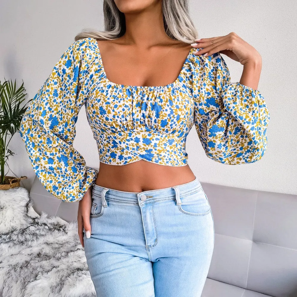 Women's Floral Backless Cut Out Ruched Long Sleeve Blouse