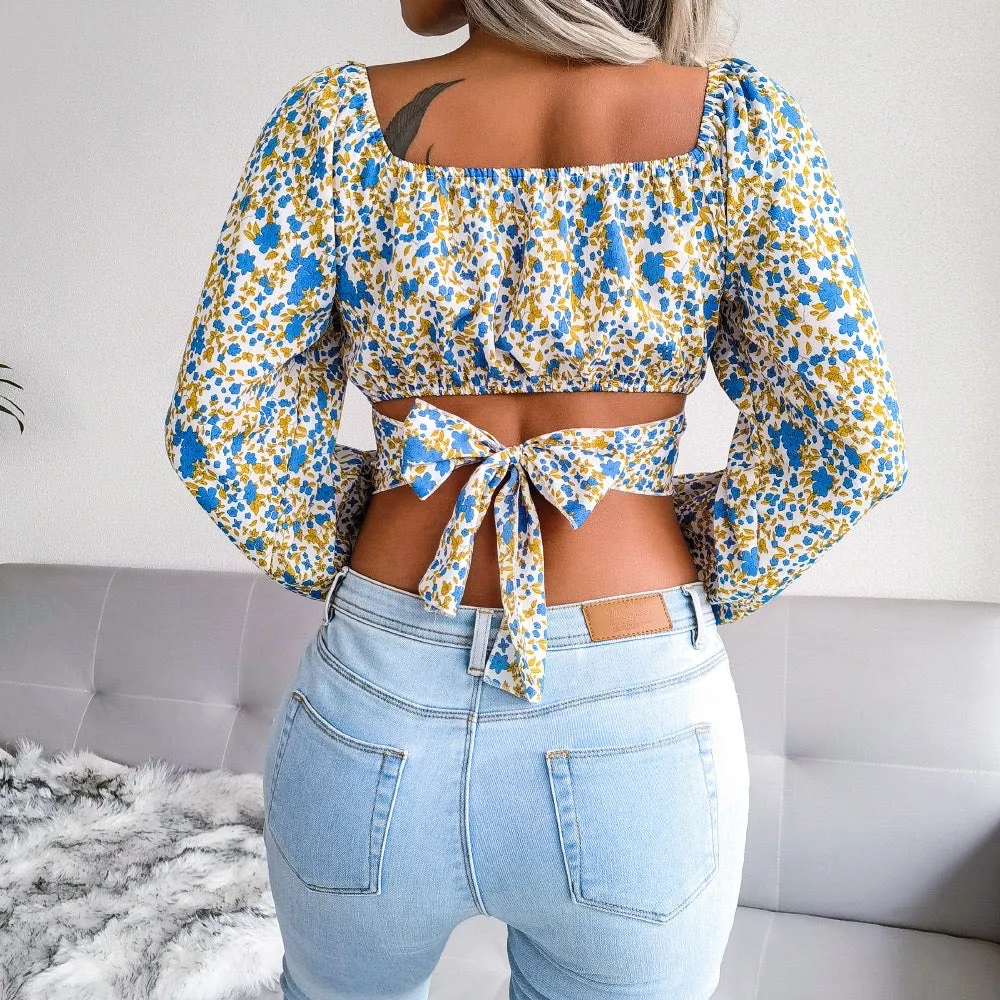 Women's Floral Backless Cut Out Ruched Long Sleeve Blouse