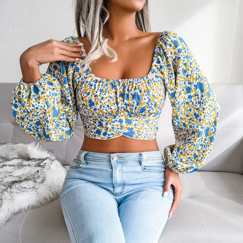 Women's Floral Backless Cut Out Ruched Long Sleeve Blouse