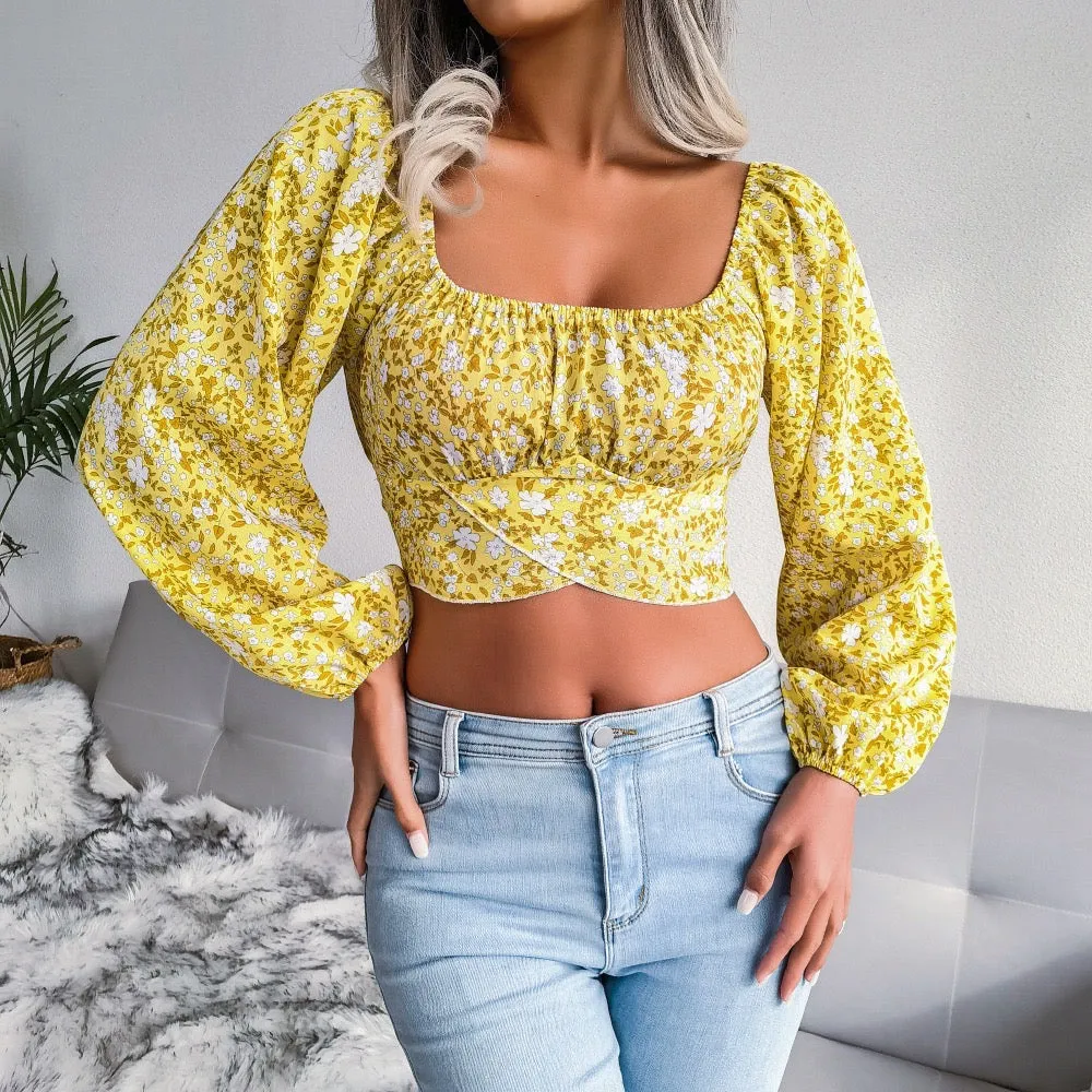 Women's Floral Backless Cut Out Ruched Long Sleeve Blouse