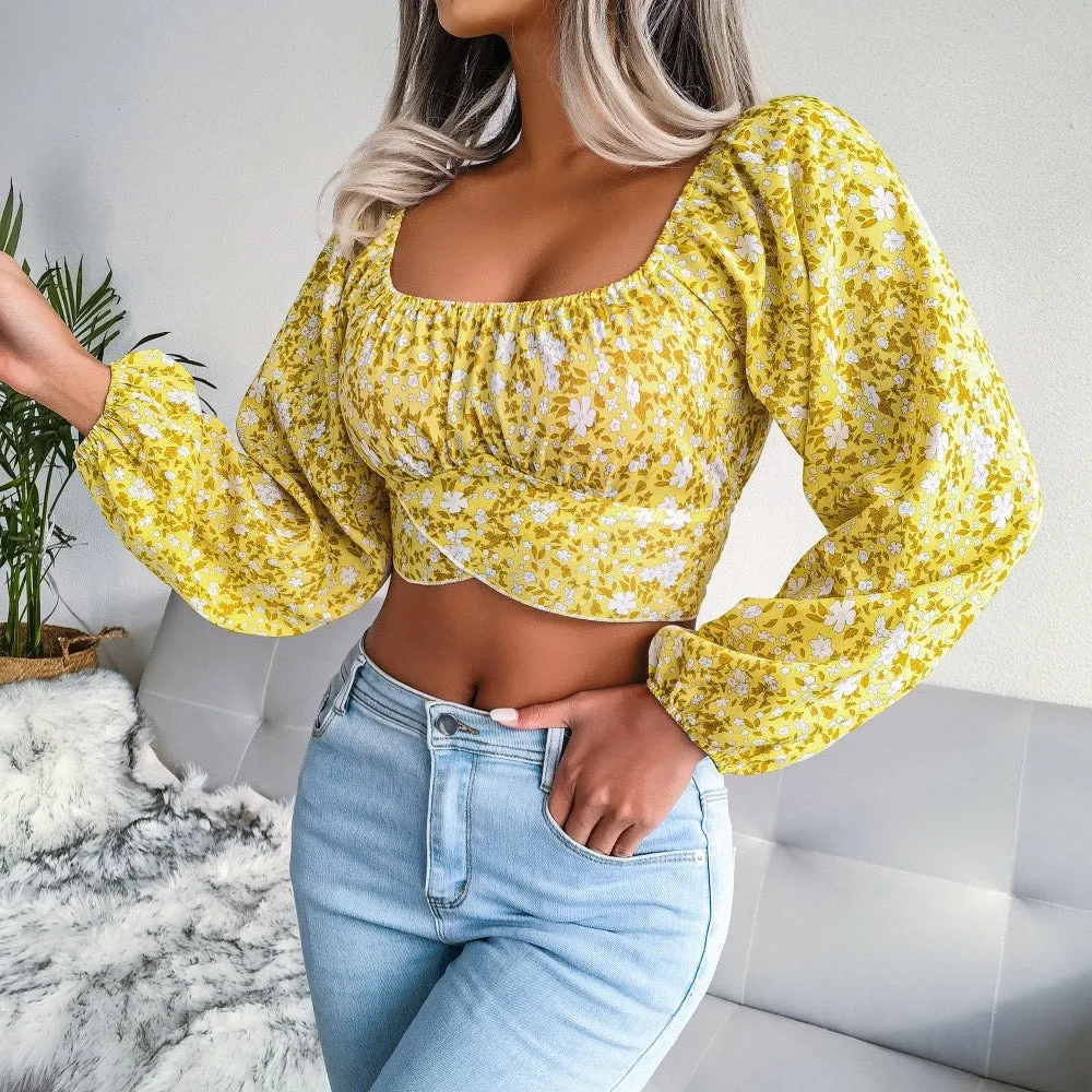 Women's Floral Backless Cut Out Ruched Long Sleeve Blouse