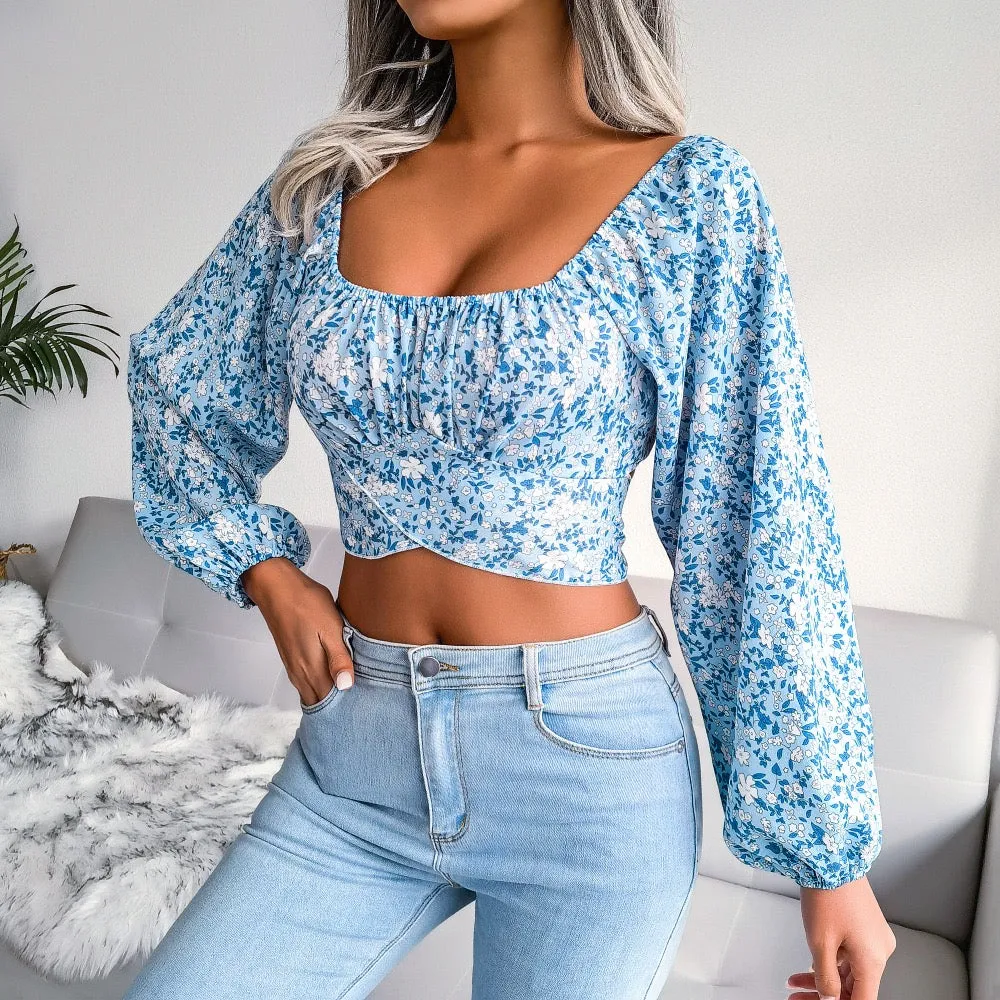 Women's Floral Backless Cut Out Ruched Long Sleeve Blouse