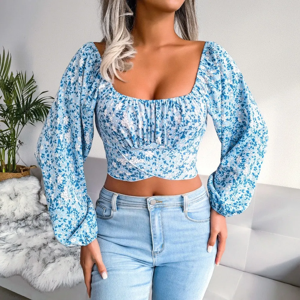 Women's Floral Backless Cut Out Ruched Long Sleeve Blouse