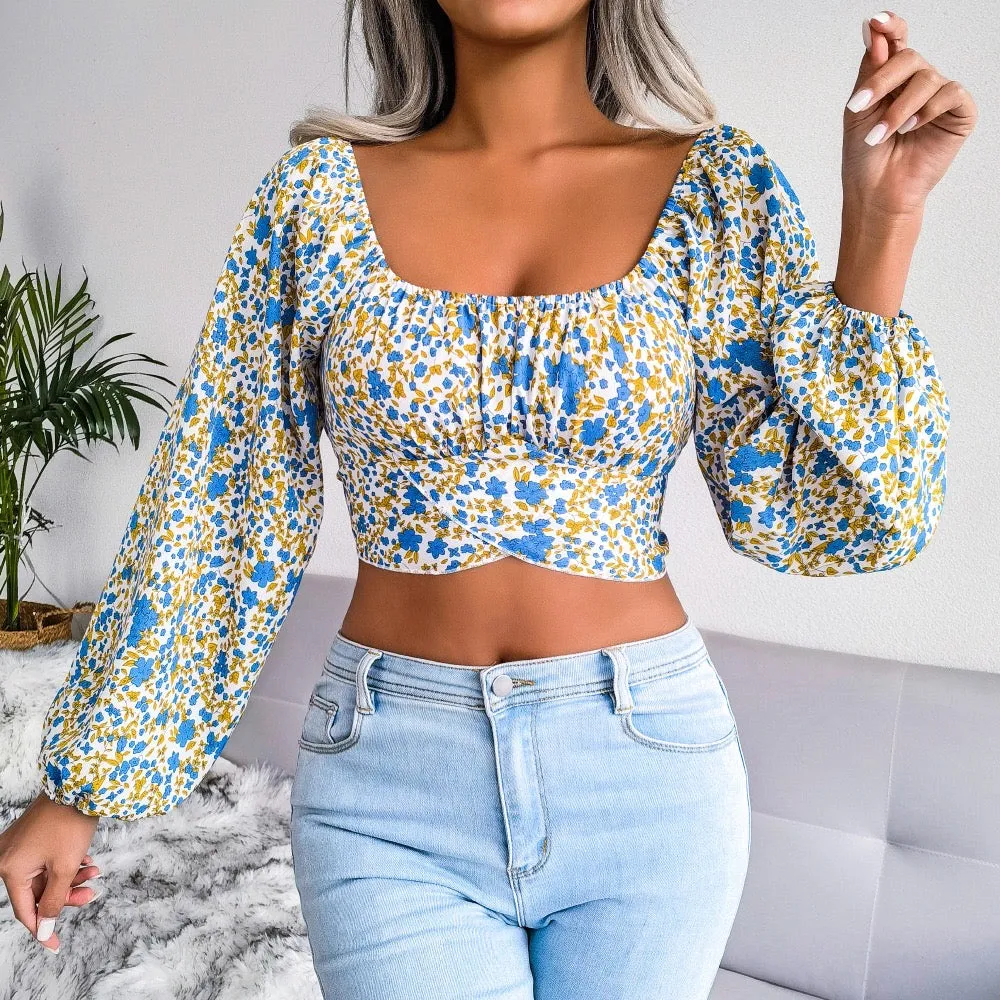 Women's Floral Backless Cut Out Ruched Long Sleeve Blouse
