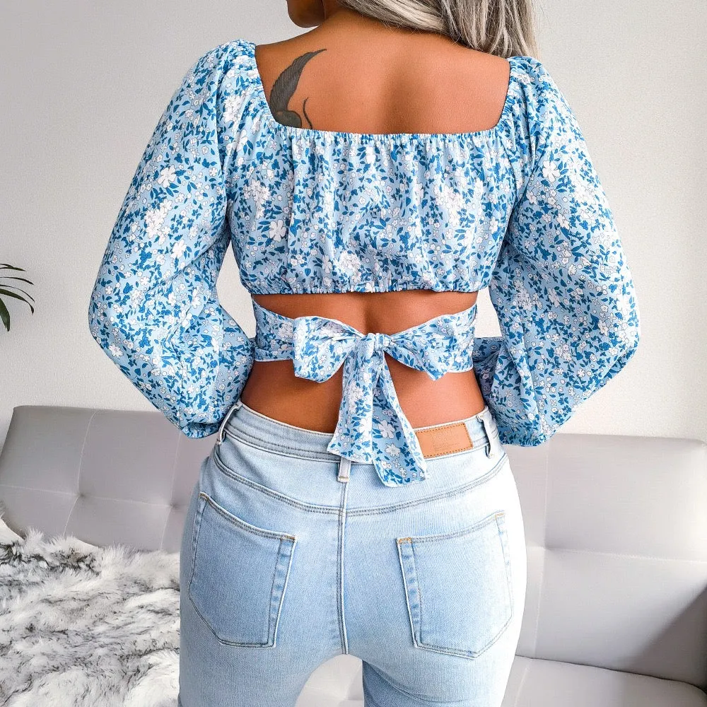 Women's Floral Backless Cut Out Ruched Long Sleeve Blouse
