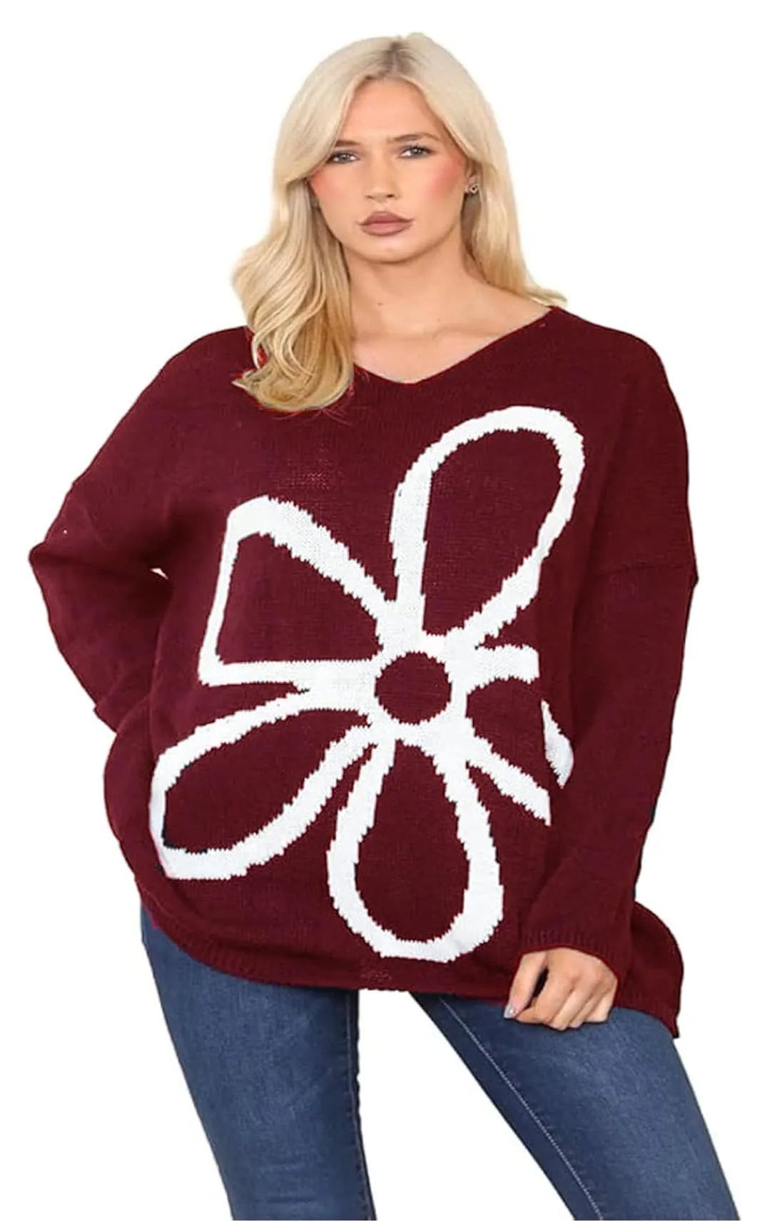 Womens Italian Knitted Oversized Lagenlook Floral Print Jumper Winter Hi Lo Sweater One Size