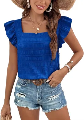 Womens Summer Tops Square Neck Ruffle Short Sleeve Textured Blouses Dressy Casual Shirts