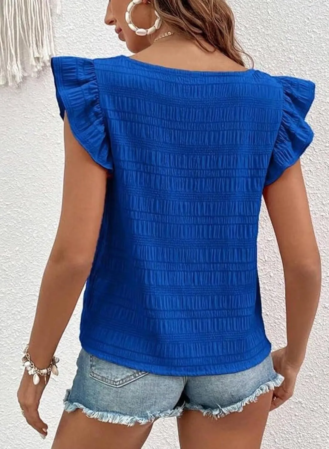 Womens Summer Tops Square Neck Ruffle Short Sleeve Textured Blouses Dressy Casual Shirts